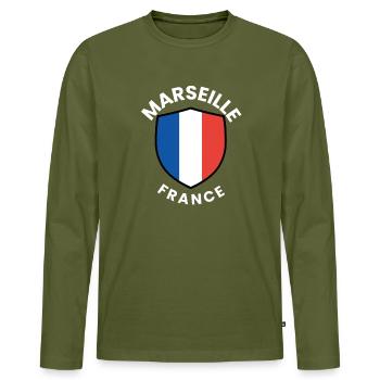 Marseille France Crest Tee - Männer Premium Bio Langarmshirt - Khaki - Vorne - Nico (187cm)