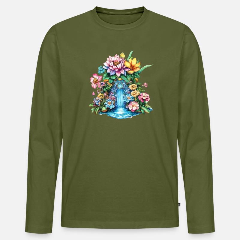 Blumenwasserfall Kaleidoskop - Männer Premium Bio Langarmshirt - Khaki