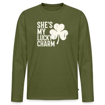 She's My Lucky Charm Clover Design - Men's Premium Organic Long Sleeve Shirt - khaki - Front - Nico (187cm)
