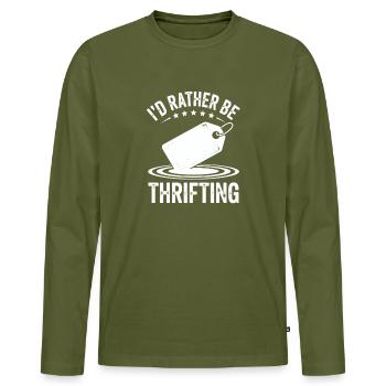 Devise des passionnés de friperie Devise Tee - T-shirt manches longues Premium bio Homme - kaki - Devant - Nico (187cm)