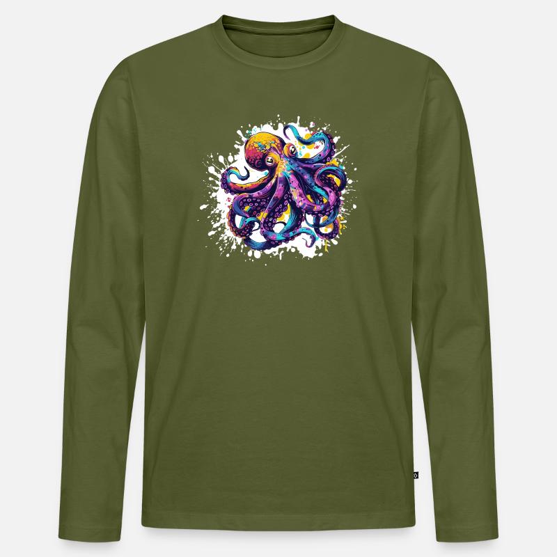 Neon-Tintenfisch Farbexplosion - Männer Premium Bio Langarmshirt - Khaki