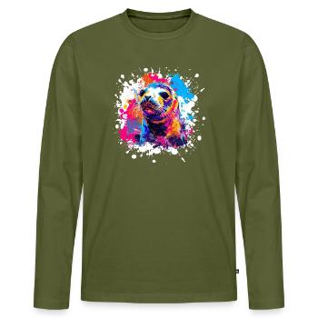 Farbexplosion Seehund Popart - Männer Premium Bio Langarmshirt - Khaki - Vorne - Nico (187cm)