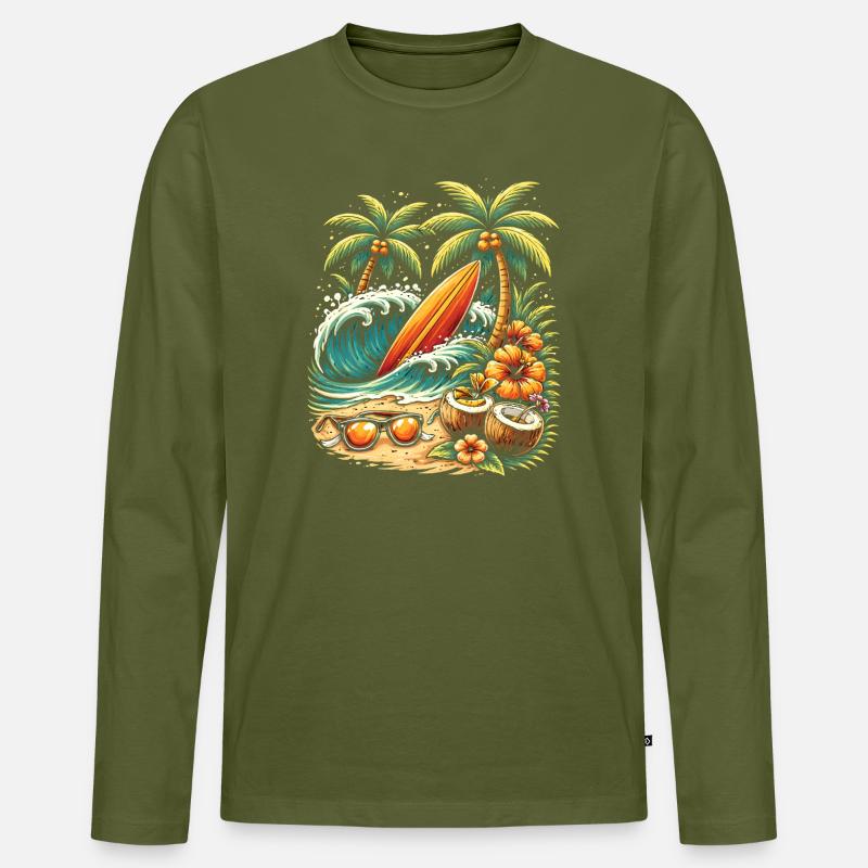 Surfbrett am Strand Illustration - Männer Premium Bio Langarmshirt - Khaki