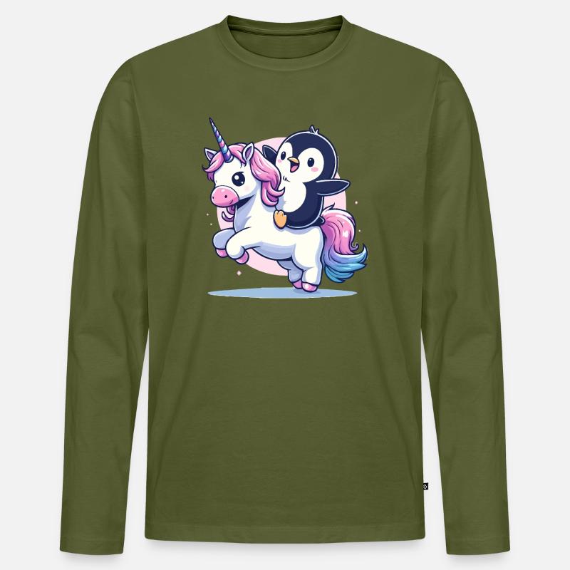 Pinguin reitet Einhorn - Männer Premium Bio Langarmshirt - Khaki