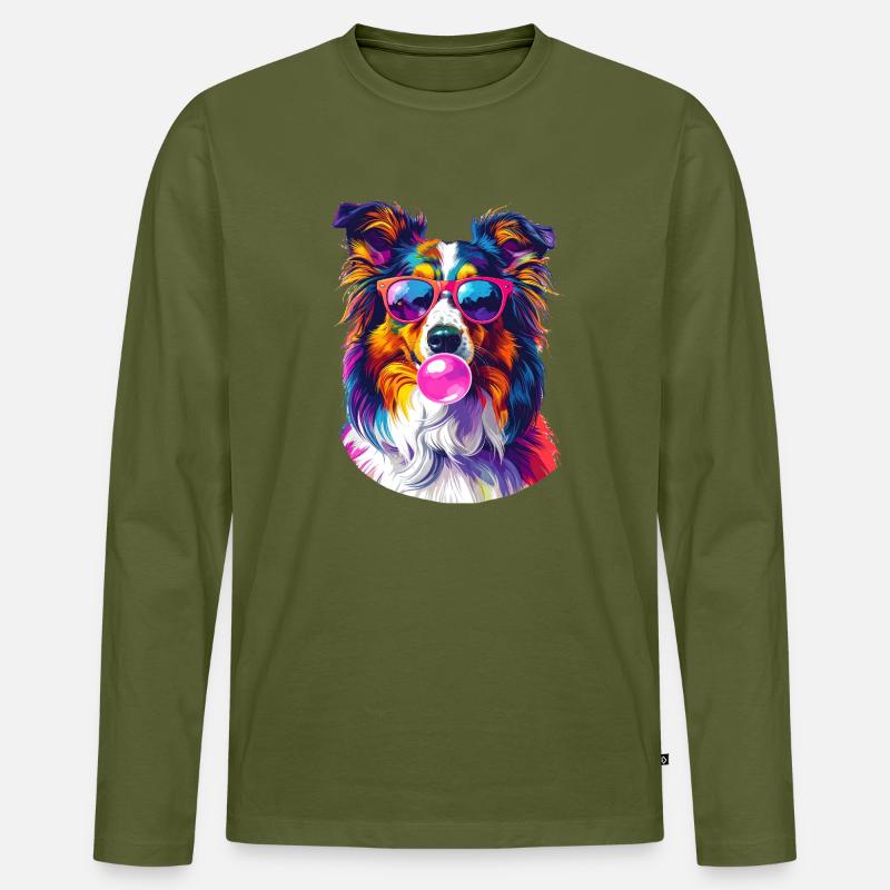 Sheltie colorata con occhiali da sole e chewing gum - Maglia a manica lunga ecologica premium da uomo - kaki