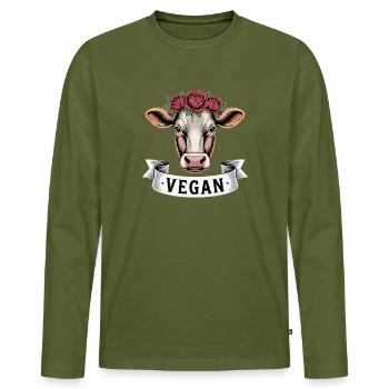 Vache VEGAN avec couronne de fleurs Amour animal Bien-être animal - T-shirt manches longues Premium bio Homme - kaki - Devant - Nico (187cm)