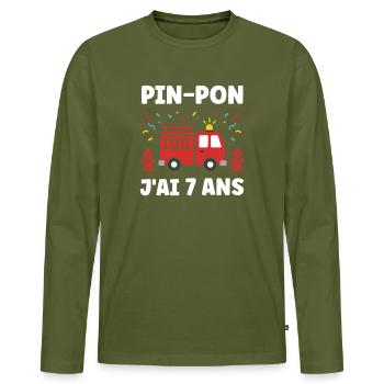 Pin-Pon J’ai 7 Ans Camion de Pompiers - T-shirt manches longues Premium bio Homme - kaki - Devant - Nico (187cm)