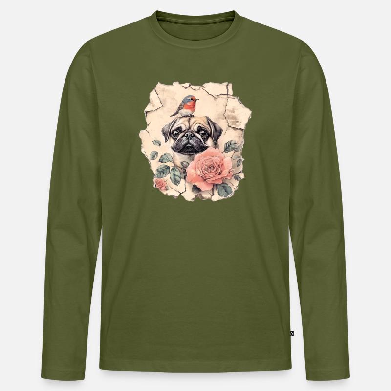 Mops mit Rotkehlchen - Männer Premium Bio Langarmshirt - Khaki