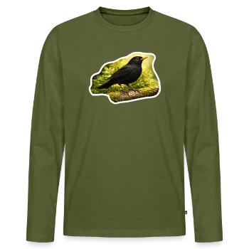 Blackbird on moss-covered branch - nature photo look - Men's Premium Organic Long Sleeve Shirt - khaki - Front - Nico (187cm)