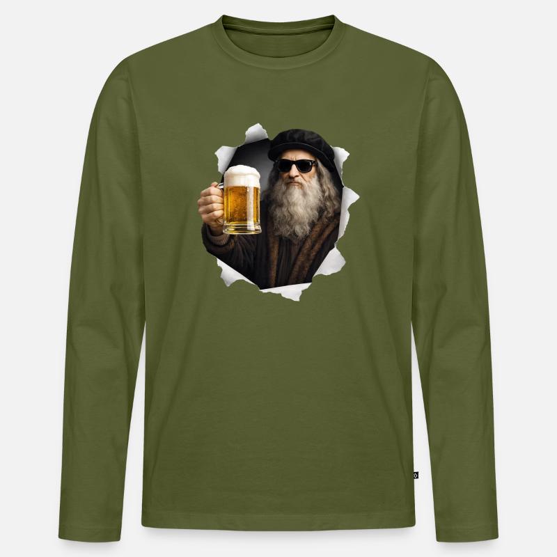 Leonardo Da Vinci con birra e occhiali da sole - Maglia a manica lunga ecologica premium da uomo - kaki