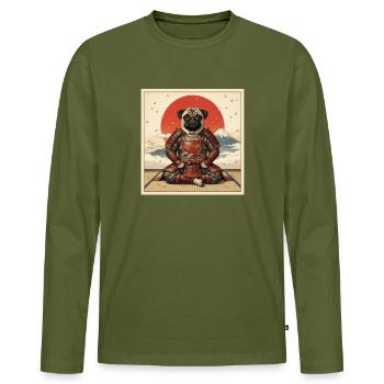 Dessin artistique japonais du Guerrier Samouraï Carlin - T-shirt manches longues Premium bio Homme - kaki - Devant - Nico (187cm)