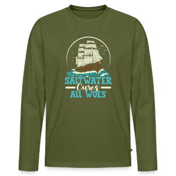 L’eau salée guérit tous les malheurs, capitaine de voile de marin - T-shirt manches longues Premium bio Homme - kaki - Devant - Nico (187cm)