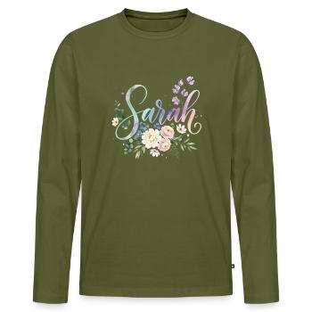 Sarah Watercolor Flower Initial - Men's Premium Organic Long Sleeve Shirt - khaki - Front - Nico (187cm)