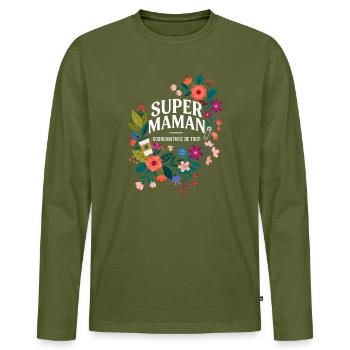 Super Maman Coordinatrice de Tout - T-shirt manches longues Premium bio Homme - kaki - Devant - Nico (187cm)