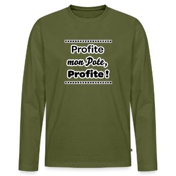 Enjoy, Buddy, Enjoy! - Men's Premium Organic Long Sleeve Shirt - khaki - Front - Nico (187cm)