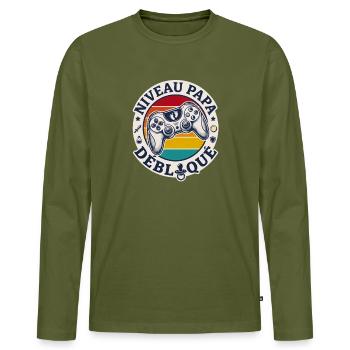 Dad Level Unlocked Gift Dad To Be - Men's Premium Organic Long Sleeve Shirt - khaki - Front - Nico (187cm)