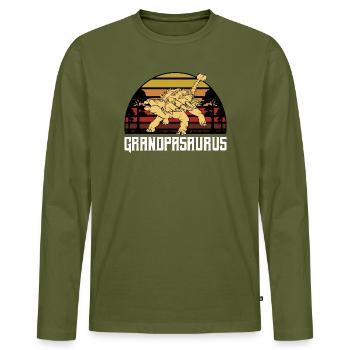 Grandparsaurus Sunset Dino Print - Men's Premium Organic Long Sleeve Shirt - khaki - Front - Nico (187cm)