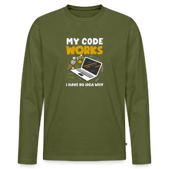 Programmeur My Code Works - T-shirt manches longues Premium bio Homme - kaki - Devant - Nico (187cm)