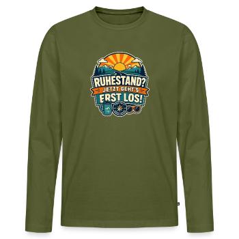 Ruhestand – Jetzt geht’s erst los Abenteuer - Männer Premium Bio Langarmshirt - Khaki - Vorne - Nico (187cm)