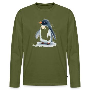 Wasserfarbener Pinguin im Sprung - Männer Premium Bio Langarmshirt - Khaki - Vorne - Nico (187cm)