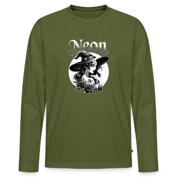 Sorcière néon, Roses noires, Lune, sorcellerie gothique. - T-shirt manches longues Premium bio Homme - kaki - Devant - Nico (187cm)