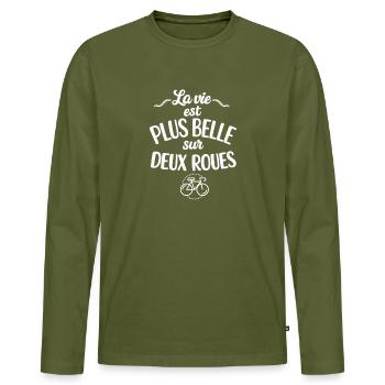 La Vie Est Plus Belle Sur Deux Roues - Cyclisme - T-shirt manches longues Premium bio Homme - kaki - Devant - Nico (187cm)