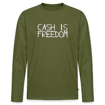 CASH IS FREEDOM - Men's Premium Organic Long Sleeve Shirt - khaki - Front - Nico (187cm)