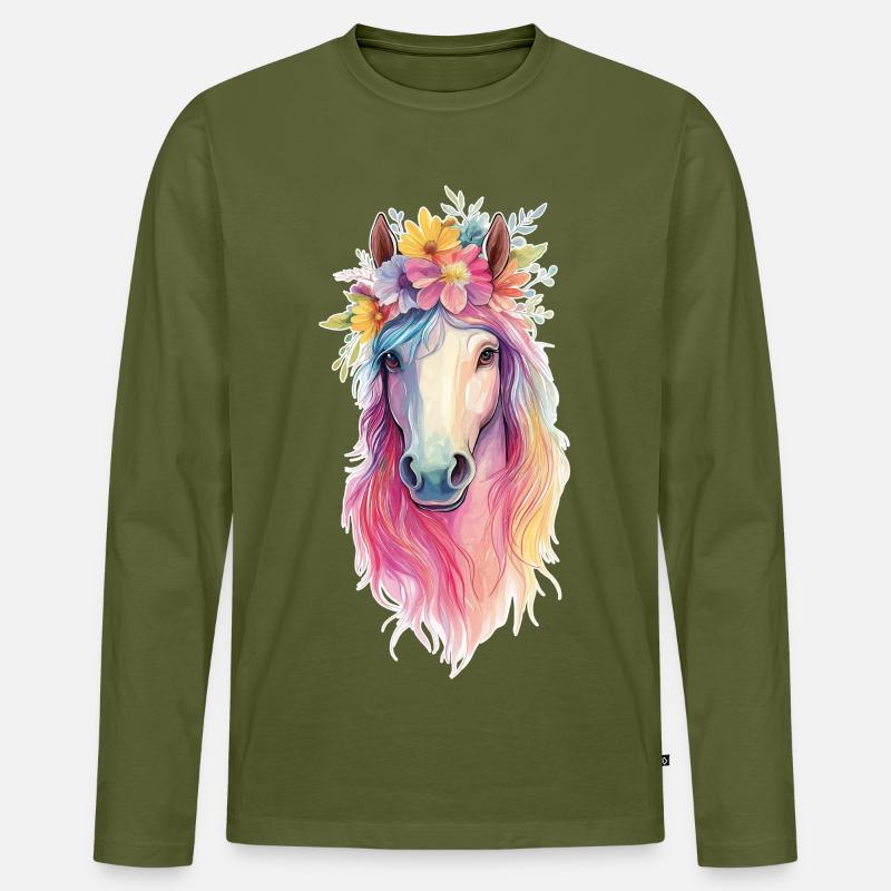 Pferd mit Blumen - Männer Premium Bio Langarmshirt - Khaki