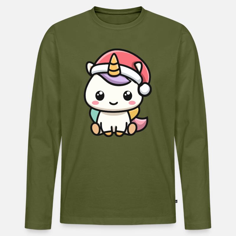 Kawaii Einhorn mit Weihnachtsmütze - Männer Premium Bio Langarmshirt - Khaki