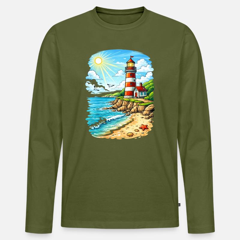 Leuchtturm am sonnigen Küstenstrand - Männer Premium Bio Langarmshirt - Khaki