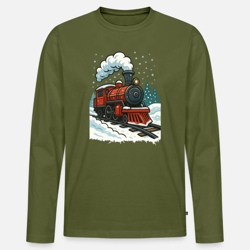 Winterliche Dampflok Comic - Männer Premium Bio Langarmshirt - Khaki