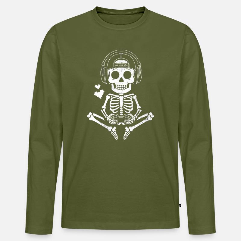 Skull DJ mit Kopfhörer Design - Männer Premium Bio Langarmshirt - Khaki