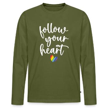 Mois de la fierté - Suivez votre cœur - T-shirt manches longues Premium bio Homme - kaki - Devant - Nico (187cm)