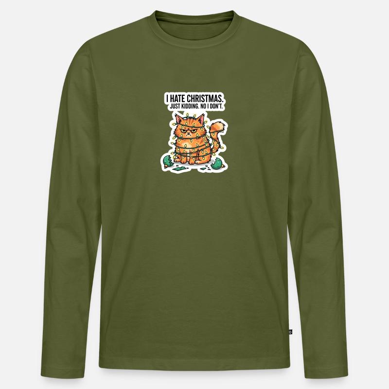 Katze im Weihnachtslichter-Sarkasmus - Männer Premium Bio Langarmshirt - Khaki