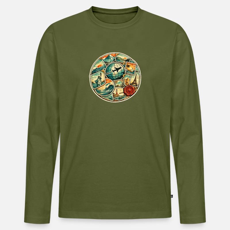 Weltreise Rundbild Globus Flug - Männer Premium Bio Langarmshirt - Khaki