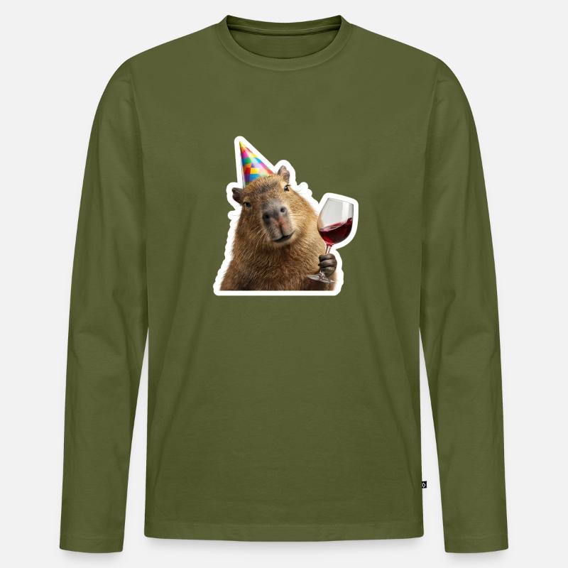 Capybara im Party Modus mit Wein - Männer Premium Bio Langarmshirt - Khaki