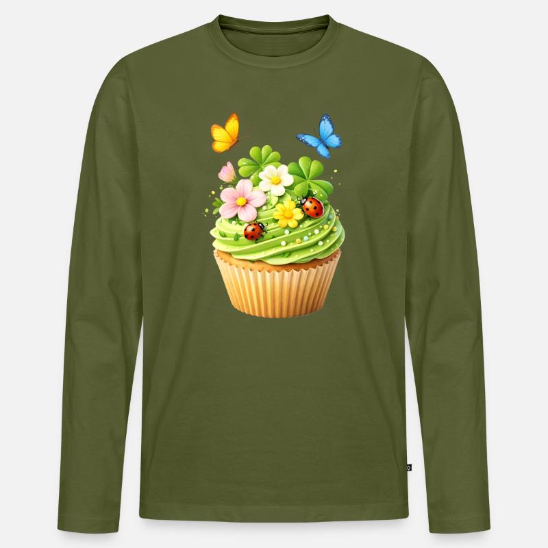 Frühlings Cupcake mit Blumen - Männer Premium Bio Langarmshirt - Khaki