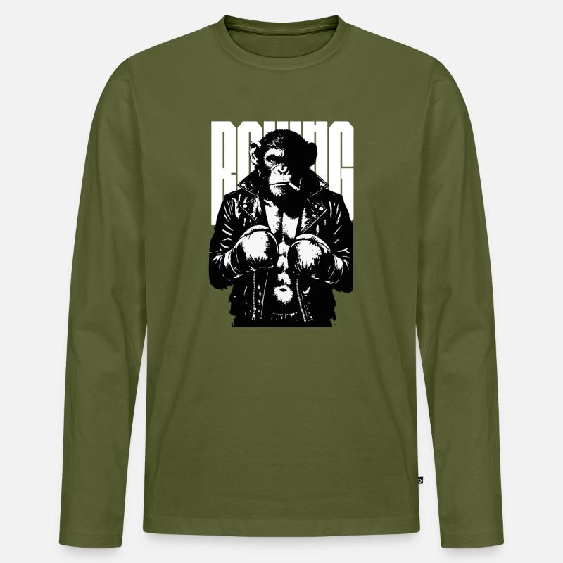 Monkey Boxer Rebel Monkey in Leder-Boxjacke - Männer Premium Bio Langarmshirt - Khaki