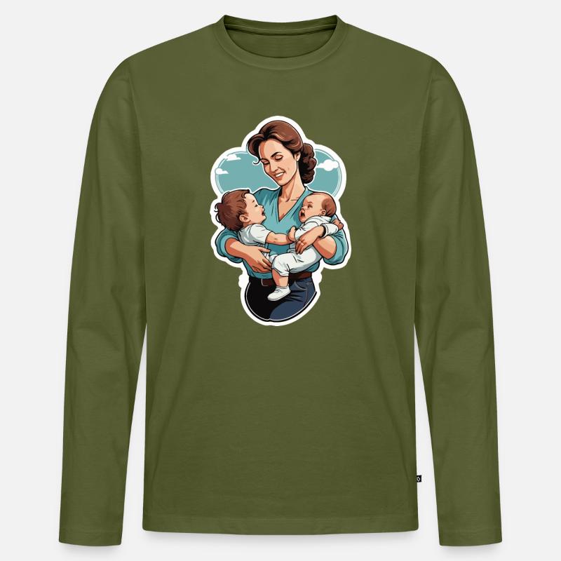 Liebevolle Mutter mit Zwillingsbabys - Männer Premium Bio Langarmshirt - Khaki