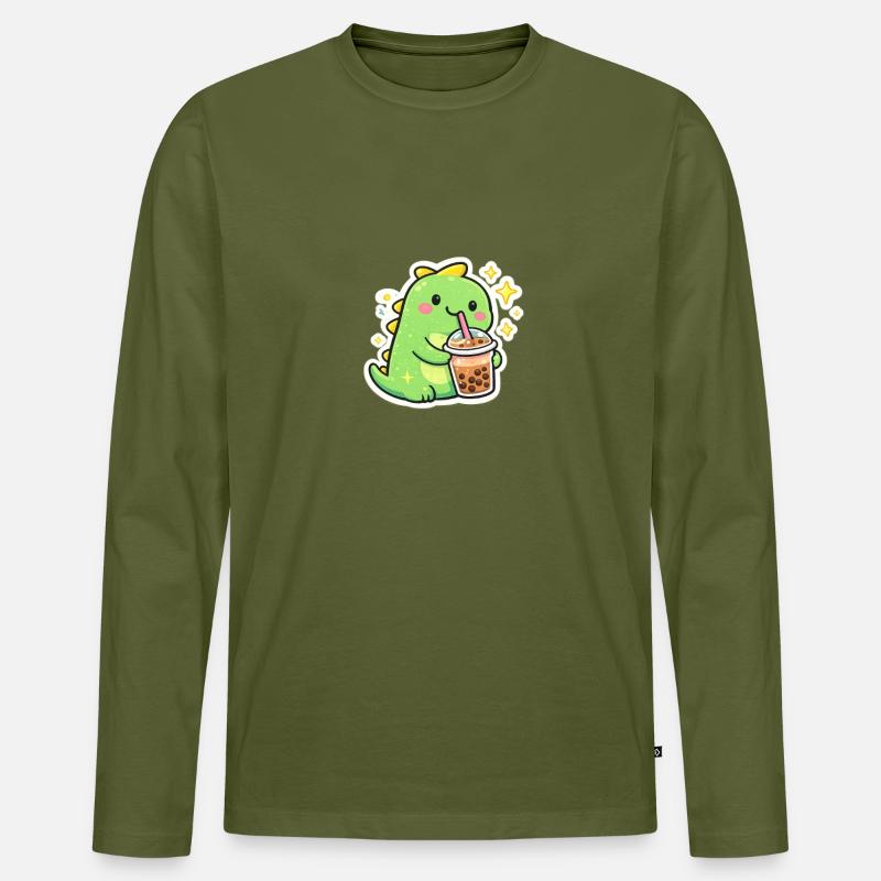Süßer Dino mit Bubble Tea - Männer Premium Bio Langarmshirt - Khaki