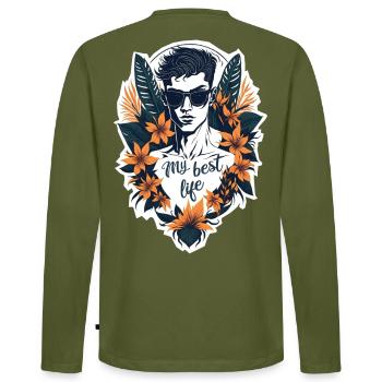 Mein bestes Leben - Männer Premium Bio Langarmshirt - Khaki - Hinten - Nico (187cm)