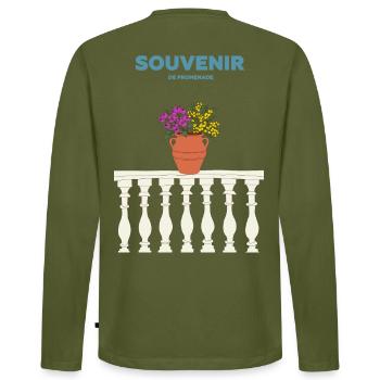 Souvenir Fleuri - Mediterranée et dolce vita - T-shirt manches longues Premium bio Homme - kaki - Dos - Nico (187cm)