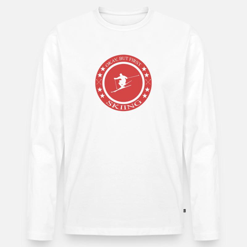Okay but first skiing - Männer Premium Bio Langarmshirt - Weiß