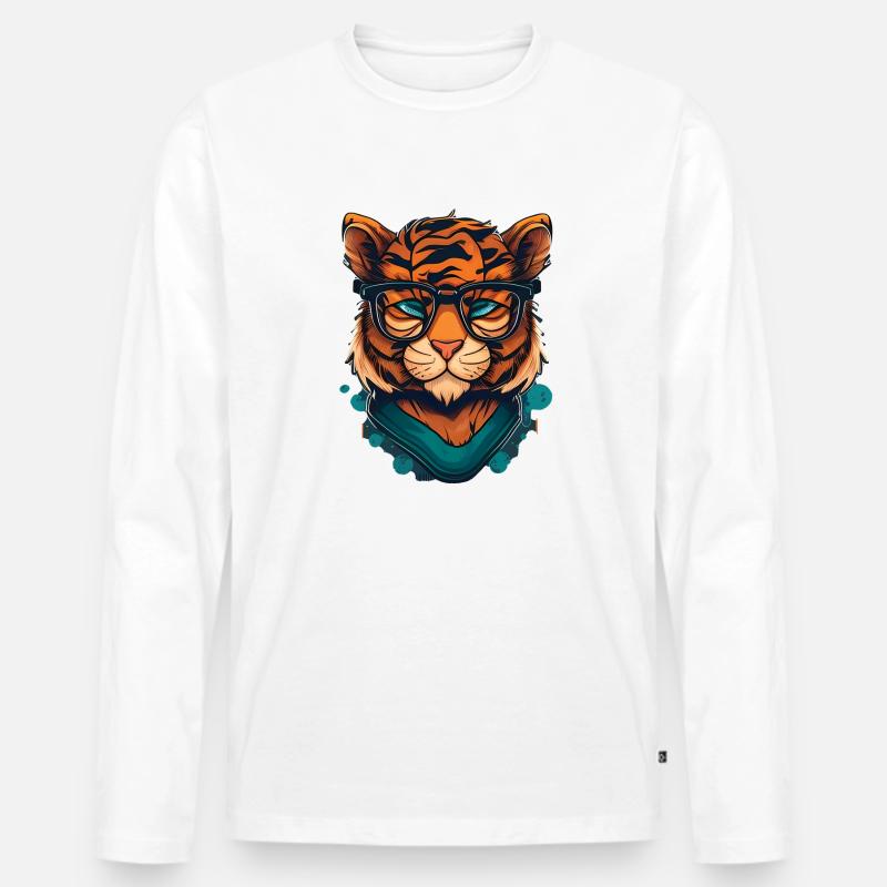 Tiger als Nerd mit Buch - Männer Premium Bio Langarmshirt - Weiß