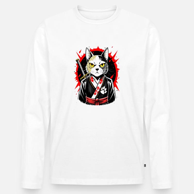 Samurai-Katze - Männer Premium Bio Langarmshirt - Weiß