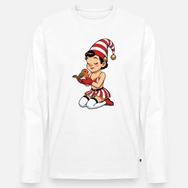 Gnom-Mädchen mit Rotkehlchen - Männer Premium Bio Langarmshirt - Weiß