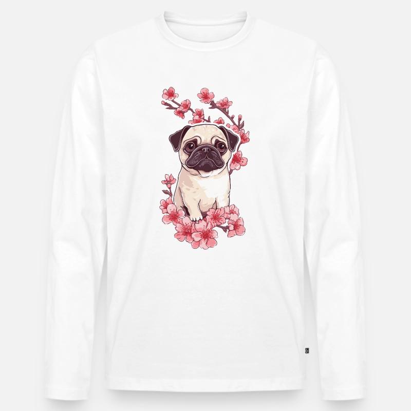 Mops mit Blüten - Männer Premium Bio Langarmshirt - Weiß