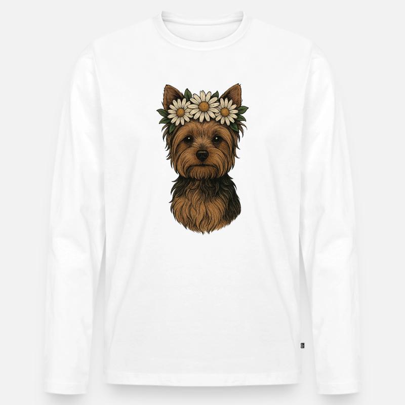 Yorkshire Terrier mit Gänseblümchenkrone - Männer Premium Bio Langarmshirt - Weiß