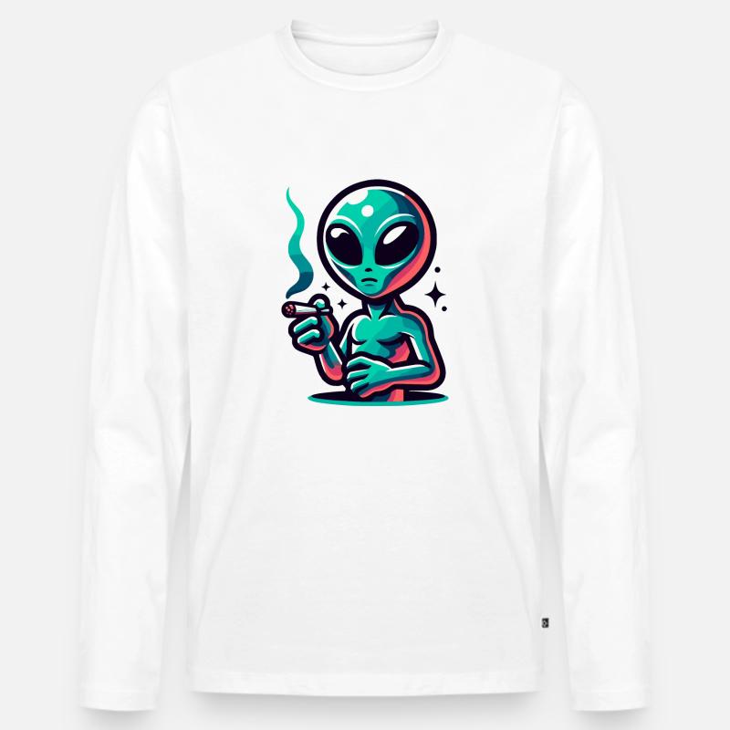 Alien mit Joint Zigarette rauchen - Männer Premium Bio Langarmshirt - Weiß