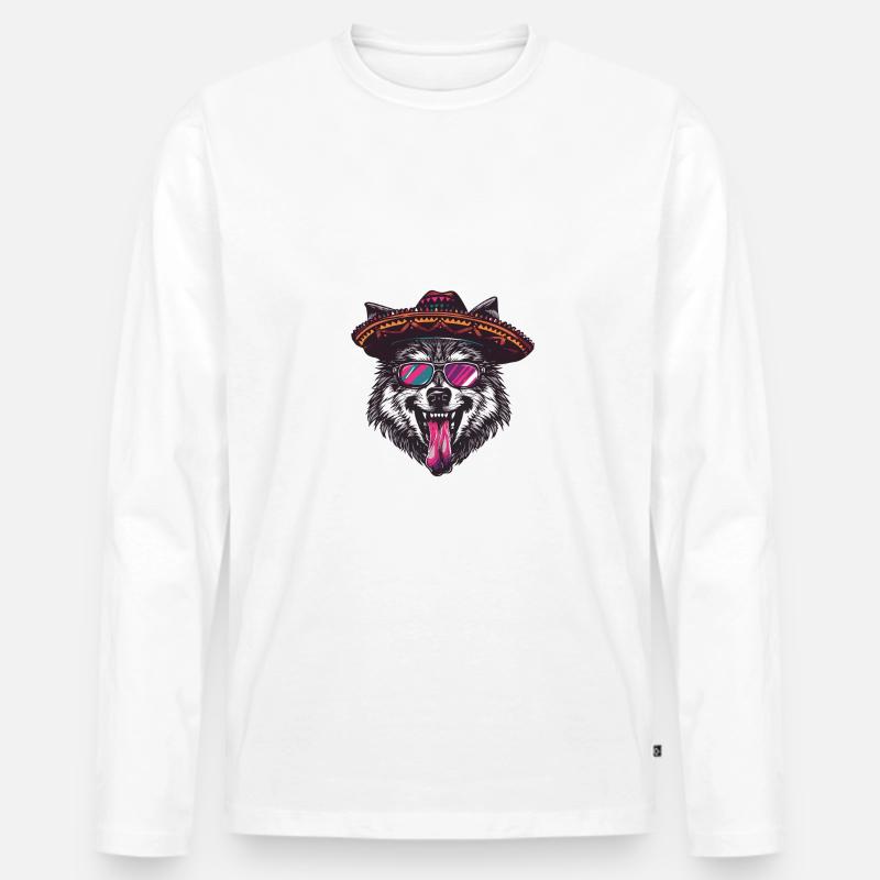 Wolf Comic Lustig Sombrero - Männer Premium Bio Langarmshirt - Weiß